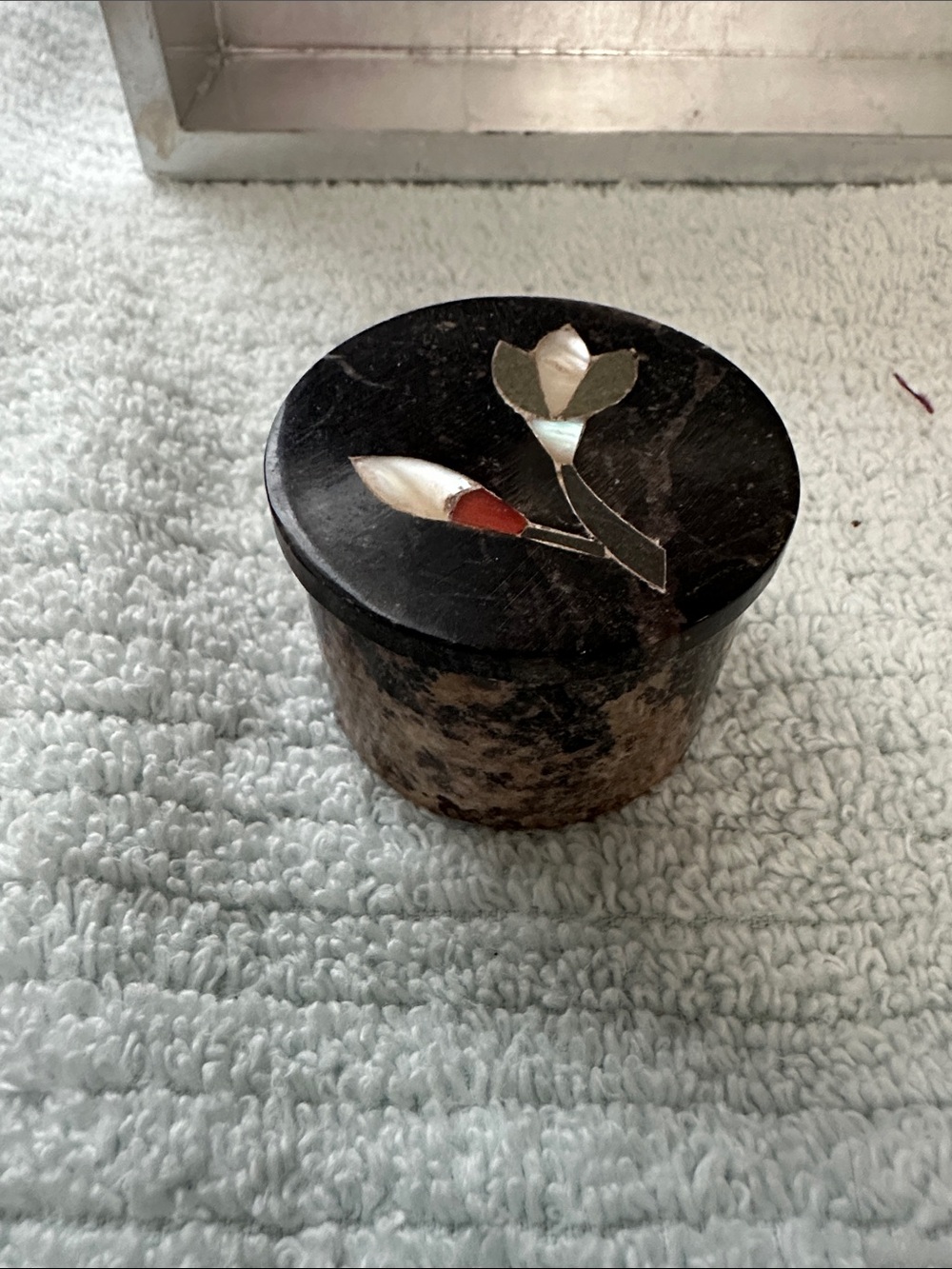 Vintage Decorative Black Soap Stone Trinket Box with Floral Inlay